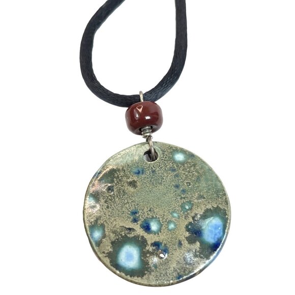 Handcrafted Ceramic Pendant Necklace With Blue & Red Beads On Black Cord A499 - Picture 4 of 5